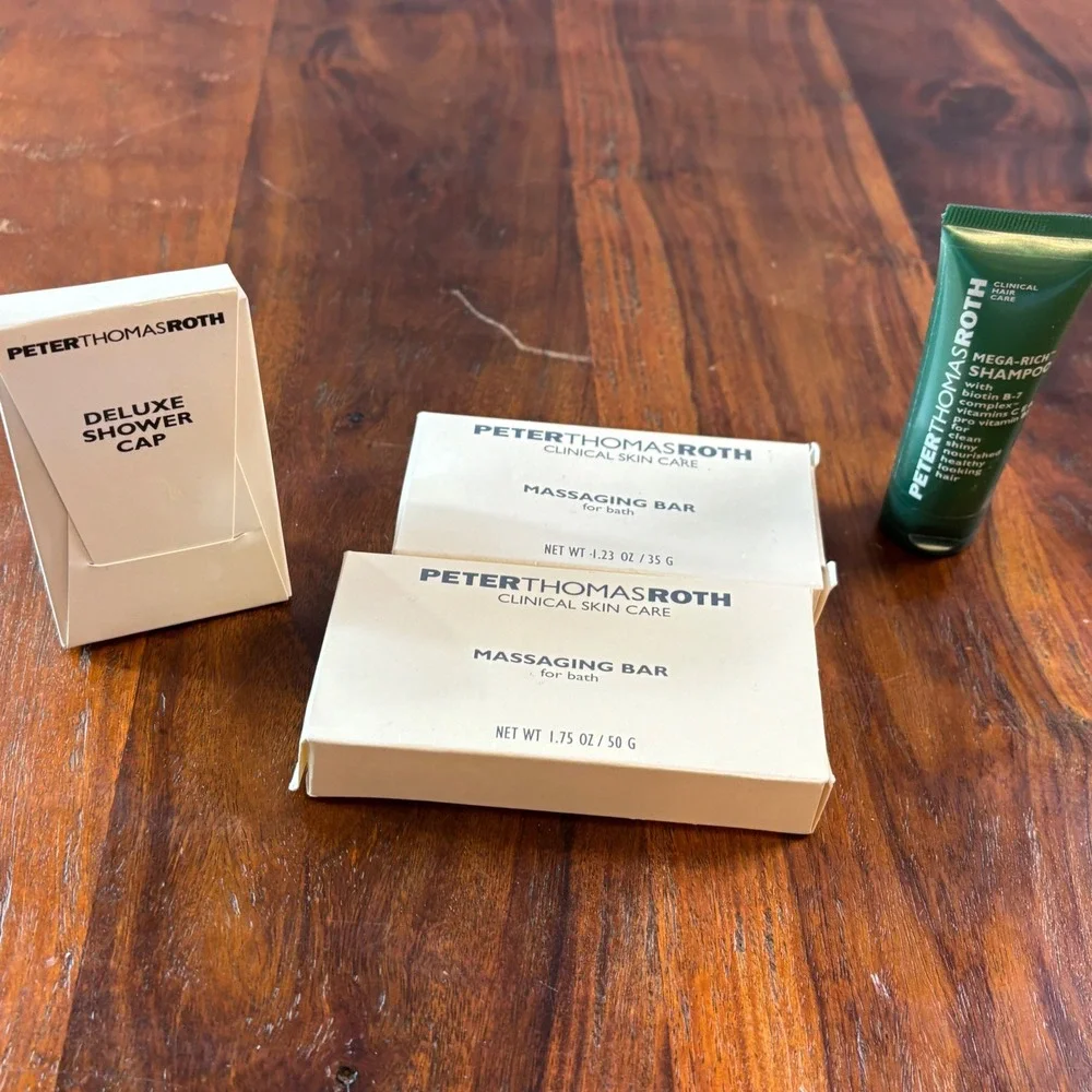 Peter Thomas Roth Travel Set Mega-Rich Shampoo Massaging Bars Shower Cap 4pc NEW